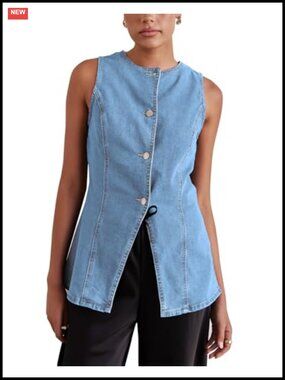 Women's Long Denim Vest Sleeveless Button-Up Back Slit Jean Jacket Vest